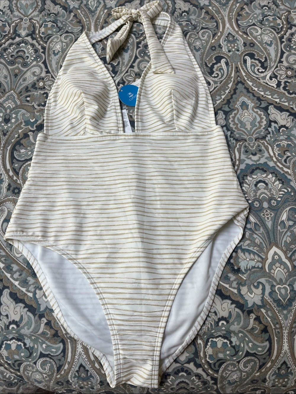 Cupshe Cream One-Piece Halter Swimsuit with Gold Stripes